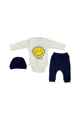 Babysena Happy Baskılı Unisex Bebek Bodyli 3 Lü Takım Lacivert