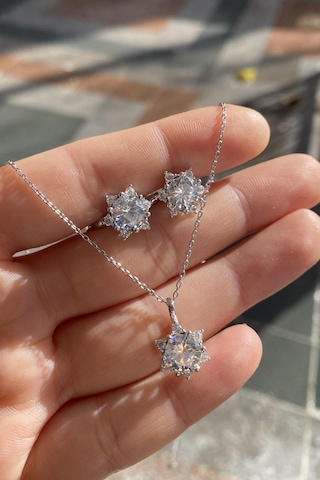 Gümüş Lotus Çiçeği Kolye Küpe Set Takım 22s122 Altın - Gümüş