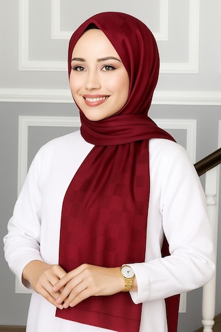 Mim Eşarp Emproyal Silver Jakar Dama Desenli Şal 75x190 Cm Bordo