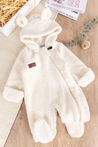 Kapüşonlu Kendinden Eldivenli Welsoft Kışlık Kız/erkek Bebek Tulum Krem
