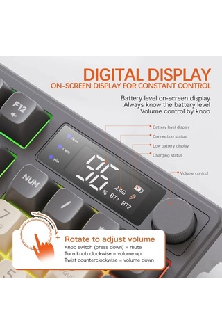 Miaextreme Atasoft Freewolf M96 Bluetooth/2.4g Kablosuz Klavye Işıklı Usb Type-c Kablolu Şarj Gösterge Panelli