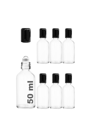Çelik Roll On Şişesi 50 ML Sızdırmaz Siyah Kapaklı Şeffaf Cam Şişe 6 Adet