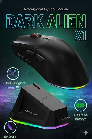 Dark Alien X1 Kablosuz 3 Modlu Oyuncu Mouse- 59 Gram 400 Mah Batarya- Makrolu Diğer