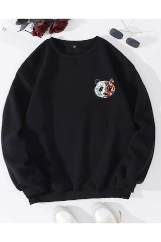 Startmore Siyah Oversize Panda Baskılı Pamuklu 0 Yaka Kapşonsuz Unisex Sweatshirt Siyah