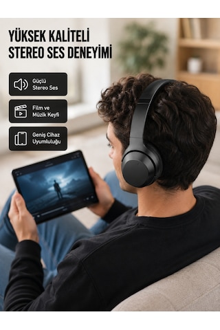 Bluetooth 5.0 Siyah Kablosuz Kulaklık 18 Saat Batarya Katlanabilir Tasarım Yeni Nesil - Bayi Depom