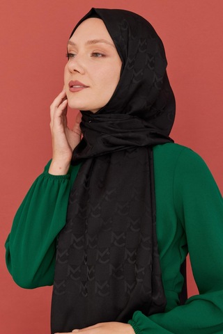 Mirsoy Scarf Mc Desen Parlak Jakar Şal - Siyah Siyah