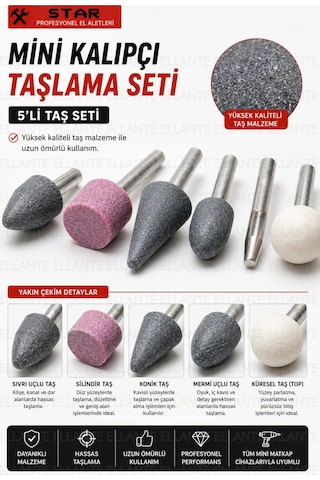 Mini Kalıpçı Taşlama Seti 5'li Taş Seti Metal, Cam, Seramik Ve Taş İçin Hassas Taşlama 6 Mm Sapl