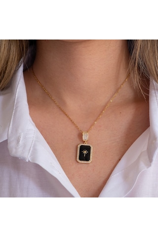 Çelik Kolye Siyah Yıldız Işıltısı Model K-124 Altın