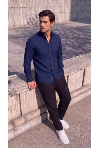 Hazego Erkek Standart Kesim Gabardin Kumaş Uzun Kollu Gömlek Lacivert