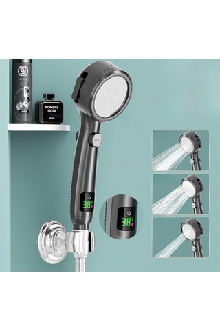 Su Tasarruflu Basınçlı Ayarlanabilir Led Dijital Sıcaklık Göstergeli Yüksek Basınçlı Duş Başlığı Siyah