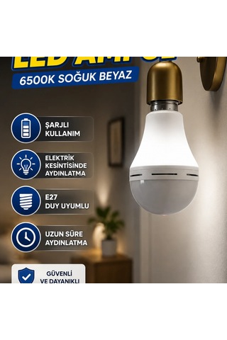 E27 Şarjlı Led Ampul 6500k Soğuk Beyaz Elektrik Kesintisinde Aydınlatma Diğer