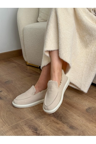 Ervanın Butiği Bej Süet Juno İci Peluş Kadın Loafer-5973