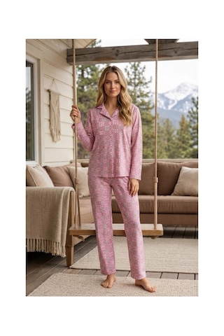 Pijamoni Kadın Süet Kumaş Önü Düğmeli Uzun Kollu Pijama Takımı Pembe Kare Desenli