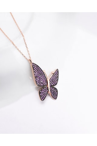 Brezza Lusso Jewelry Ametist Işıltılı Büyük Kelebek Kadın Gümüş Kolye 42 CM 42 CM