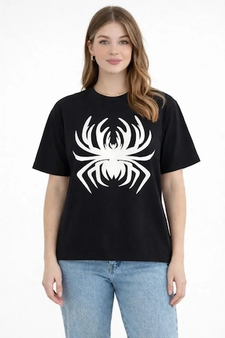 Dogutrend Örümcek Baskılı Tişört Kısa Kollu Bisiklet Yaka T-shirt - Siyah