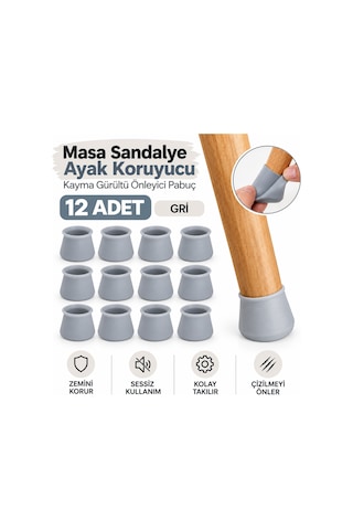 12 Adet Gri Masa Sandalye Ayak Koruyucu Silikon Pabuç Kaydırmaz Çizilme Önleyici Zemin Koruyucu