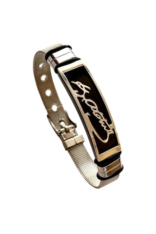 Kemal Atatürk İmzalı Kemer Kordonlu Çelik Bileklik 23 Cm Gümüş - Siyah