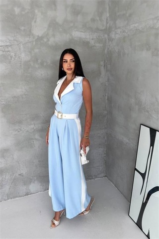 Neşeli Butik Kadın Bebe Mavi Çift Renkli Kemerli Şerit Detaylı Tam Boy Kolsuz Tulum Nbk087 Bebe Mavisi
