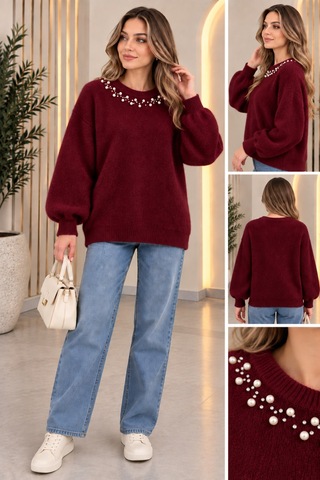 Aymiraa Kadın İnci Detaylı Angora Triko Kazak Bordo Bordo