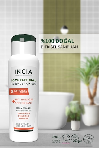 INCIA %100 Doğal Saç Dökülmesine Karşı Etkili Şampuan 8 Değerli Bitki Eki Vegan  275 ML