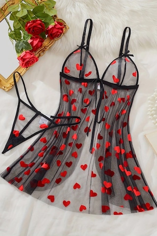 Kalp Desenli Siyah Transparan Gecelik Brf1378 Siyah