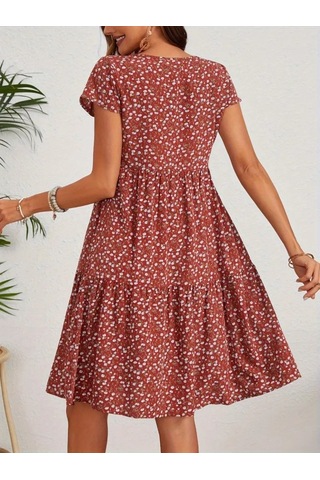 Kadın Kısa Kollu Bisiklet Yaka Çiçek Desenli Süprem Elbise Bordo