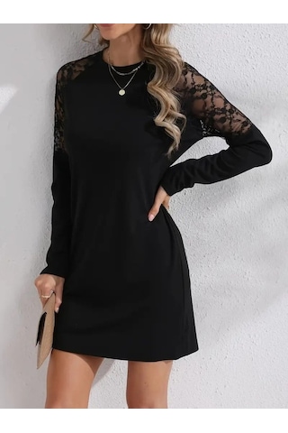 Moderie Butik Kadın Uzun Kollu Bisiklet Yaka Dantel Detaylı Visk8n Iki Iplik Düğmeli Mini Elbise Siyah