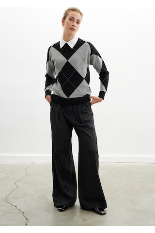 Styleboom X Peraluna Oxford Pullover Bisiklet Yaka Baklava Desen Kadın Triko Kazak - Siyah-siyah Siyah
