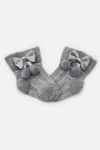Cocole Socks Kız Çocuk Aksesuarlı Soket Çorabı Tekli Pamuklu Ponponlu Gri Desenli