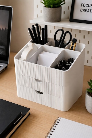 Modern 6 Bölmeli 2 Çekmeceli Masaüstü Organizer Makyaj Ofis Ve Mutfak Düzenleyici Saklama Kutusu Beyaz