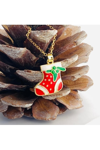 Yılbaşı Hediyelik Kolye Noel Çorabı Kolye Çelik Gold 45cm Gold