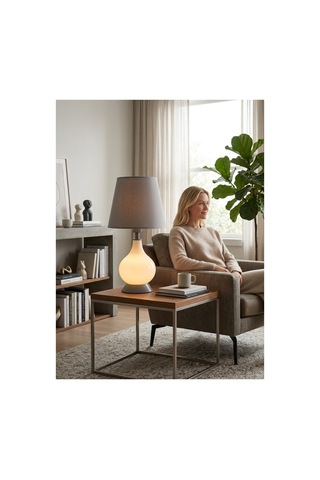 Işık Geçiren Porselen Abajur 46 Cm - Krem, İpek Şapkalı Pa020104x