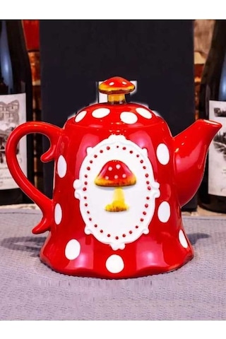 Fortunelane Fırınlanmış Seramik Mantar Desenli Çaydanlık, 0.91l Kapasite, Kapağı İle Ev Ve Misafir İçin Kırmızı Kırmızı