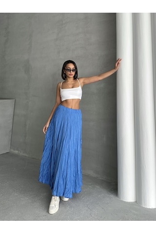 Kadın Buruşuk Modal Dokulu Soft Uzun Etek Mavi