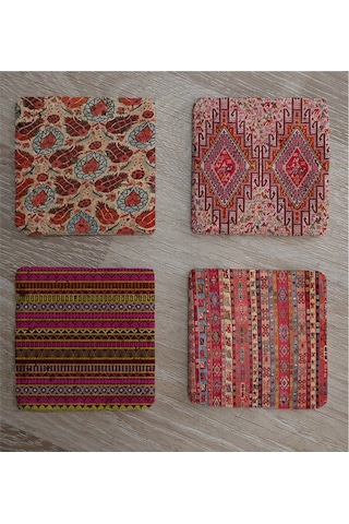 Osmanlı Kumaş Desenleri Doğal Taş Bardak Altlığı 4'lü Set - Natural Stone Coasters-174233 Çok Renkli