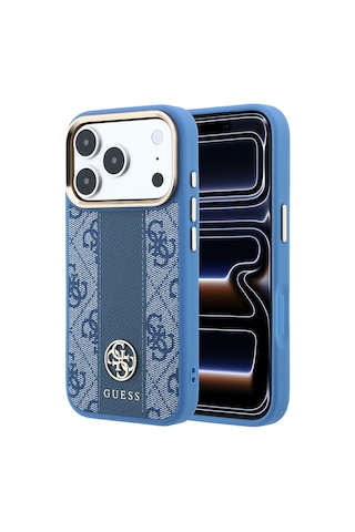 Apple iPhone Uyumlu 18 Pro Max Kılıf Guess Lisanslı M-safeli Deri 4g Desenli Şeritli Yazı Logolu Kapak Mavi