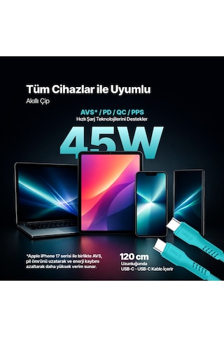Ttec Smartcharger Gan 45W Avs PD Seyahat Hızlı Şarj Aleti + USB-C - USB-C 3A 120 CM Kablo Neon Mavi