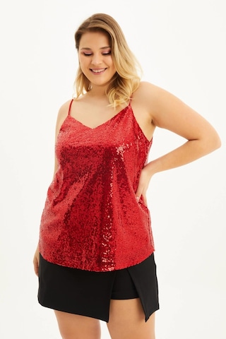 Astarlı İp Askılı Payetli Bluz-1683 Kırmızı