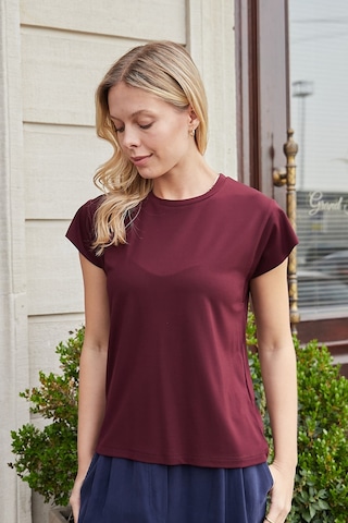 Jument Kadın İpeksi Kumaş Geniş Sıfır Yaka Kısa Kol Tshirt Bluz-bordo