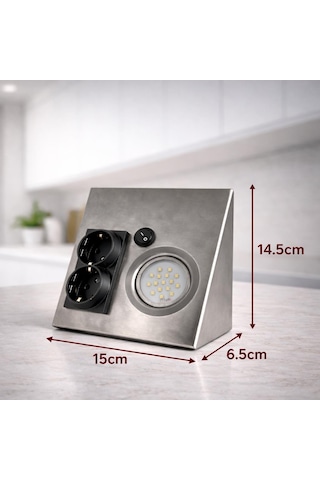 Tezgah Altı Prizli Led Aydınlatma Armatürü 3000k Sıcak Işık İnox Metal Kasa 220v Anahtarlı Çift Prizli Kompakt Tasarım Gri