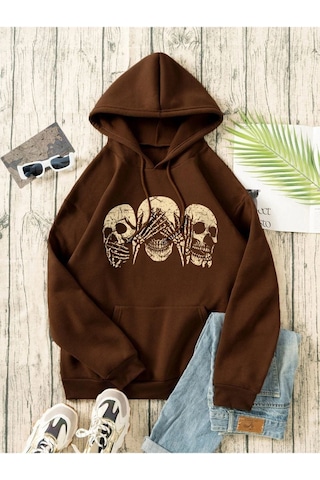 Unisex Kahverengi Kafatası Baskılı Oversize Kapşonlu Sweatshirt 001