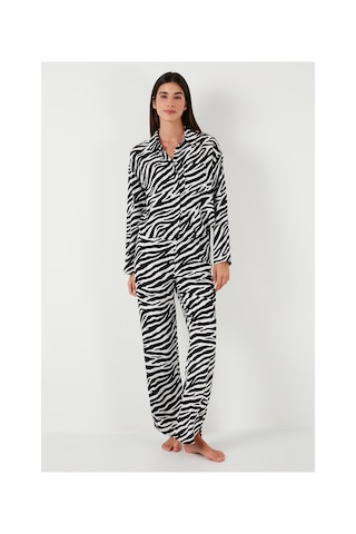 Lela Desenli Rahat Kesim Bol Paça Yazlık Bayan Pijama Takımı 6110014 Siyah-Beyaz