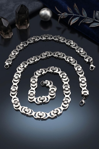 Paslanmaz Çelik Euro Kral Model Erkek Kolye Zincir Ve Bileklik Set 10mm 902918 Gümüş