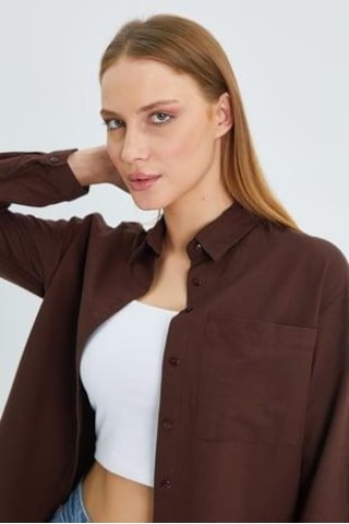 9942 Kadın Oxford Uzun Kol Basic Gömlek Kahve Kahve
