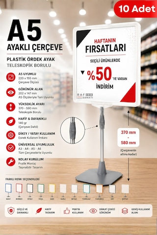10 Adet - A5 Ayaklı Çerçeve Seti Plastik Ördek Ayak Teleskopik Borulu Fiyat Etiketliği Yönlendirme Levhası Menü Panosu Beyaz