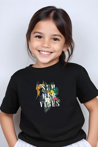 Fyk Kids Kız Çocuk Basic Summer Papağan Baskılı T-shirt Siyah
