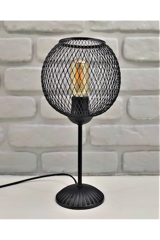 Siyah Metal Ayaklı Siyah Küre Hasır Tel Şapkalı Abajur Siyah