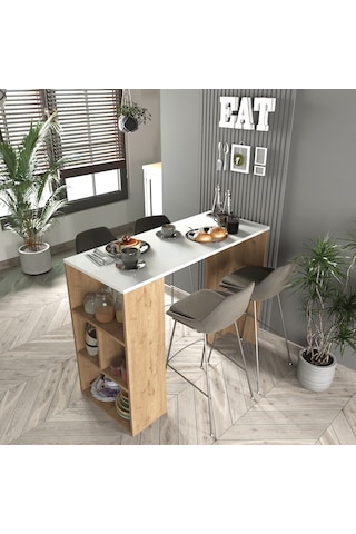 Pan Mutfak Adası , Bar Masası , Raflı Sepet - Beyaz