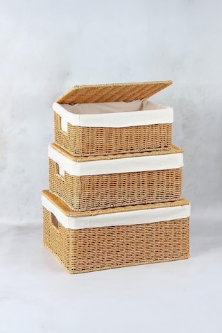 Digithome 3 Lü Kapaklı Hasır Organizer Sepet- 1376 Kahverengi