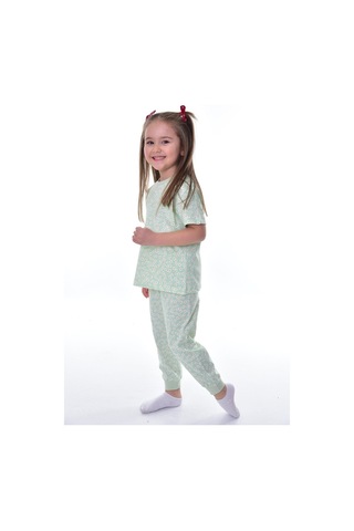 Kız Çocuk Yazlık Pamuklu Pijama Takımı Çiçek Desenli, Kısa Kollu, Konforlu Su Yesılı